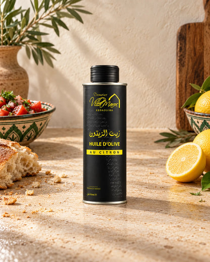 Huile d'Olive au Citron 250ml sur un comptoir marocain en tadelakt, avec un citron frais et du khobz.