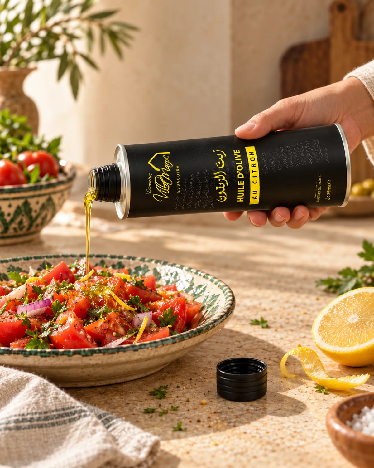 Huile d'Olive au Citron 250ml : une main incline le bidon métallique rigide pour verser un filet d’huile sur une salade de tomates.